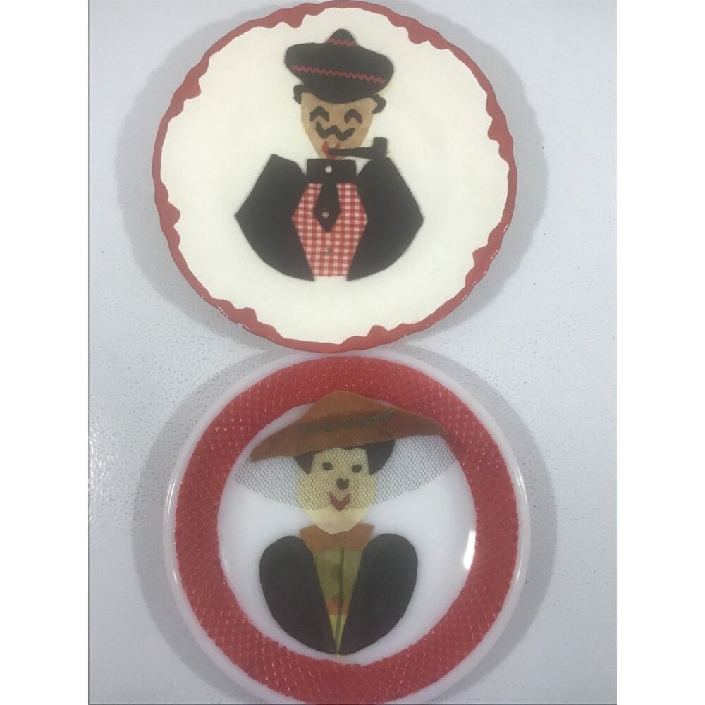 Vtg MCM Federal Glass 3D Folk Art Plates - Mixed Media Portrait Set Man & Woman
